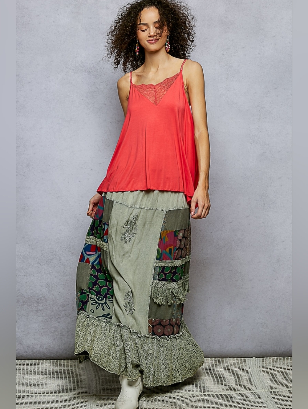 POL Printed Embroidered Ruffled Bohemian Patchwork Green Sz S M L